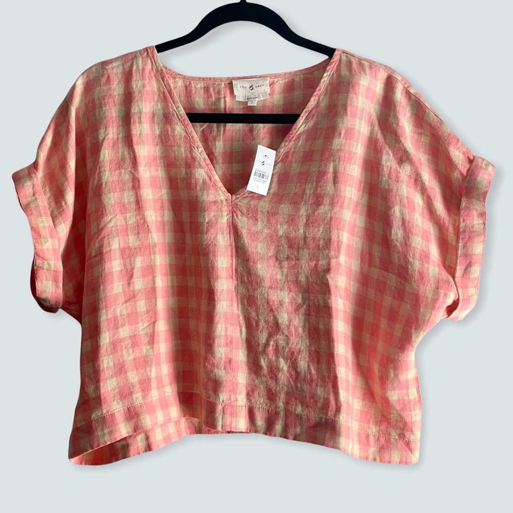 Lou & Grey Gingham Linen V-Neck Top, Cropped, Pink & Yellow